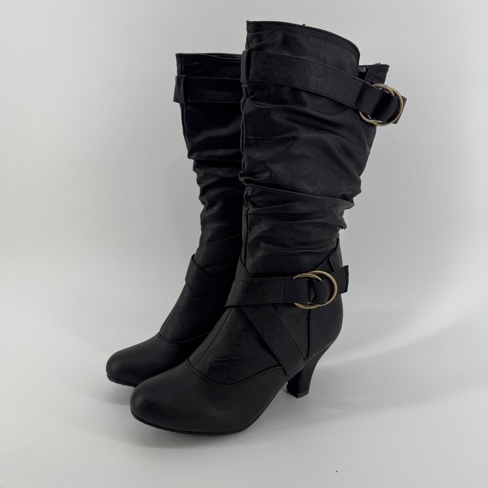 Brinley Co Faux Leather Boots Size 8.5 Mid Calf Slouchy Buckle Dark Brown Indie